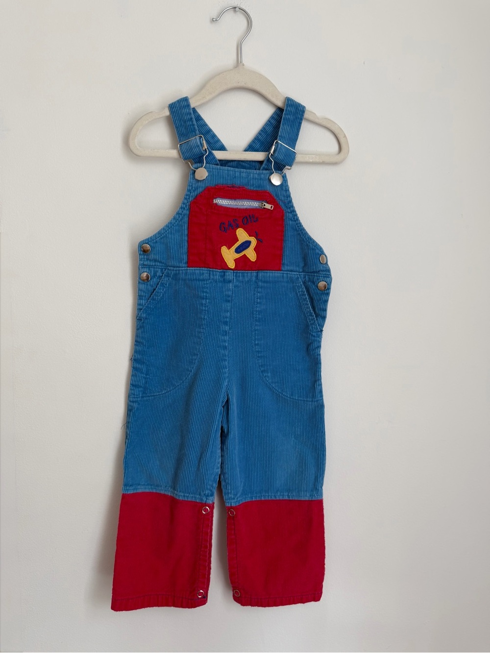 Vintage Blue and Red Corduroy Overalls with Airplane Patch (Size 24m)